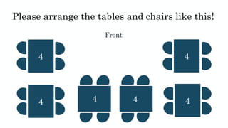 Please arrange the tables and chairs like this!
6 Students
Front
4
4
4
44 4
 