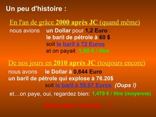 Un peu d'histoire : nous avons  le Dollar   à  0,644 Euro   un baril de pétrole qui explose à 76.20$          soit  le baril à 59,97 Euros   (Oups !)   nous avions  un Dollar  pour  1,2 Euro le baril de pétrole à  60 $          soit   le baril à 72 Euros                et on payait  1,00 € / litre   En l'an de grâce  2000 après JC  (quand même) De nos jours en  2010 après JC  (toujours encore) et…on paye, oui, regardez bien: 1,479 € / litre (moyenne) Cherchez l’erreur… ! 