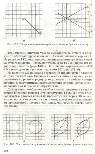 2
0
У
а 5
Рис. 132. Построение аксонометрических осей на бумаге в клетку
I
Технический рисунок удобно выполнять на бумаге в клет­
ку. Это облегчает проведение линий и выполнение построений.
На рисунке 132 показано построение аксонометрических осей
на бумаге в клетку. Чтобы получить угол 45 , оси проводят по
диагонали клеток (рис. 132, а). Отношение отрезков длиной 3
и 5 клеток дает наклон оси под углом 30 (рис. 132, б).
На рисунке 133 показано построение окружности и эллипса
от руки по клеткам. Сначала на осевых линиях от центра на
расстоянии, равном радиусу окружности, наносят четыре
штриха. Между ними наносят еще четыре штриха. Затем штри­
хи соединяют и проводят окружность.
Для лучшего отображения объемности предмета на техни­
ческих рисунках наносят штриховку (рис. 134). При этом пред­
полагается, что свет падает на предмет слева сверху. Освещен­
ные поверхности остаются светлыми, а затененные покрыва­
ют штриховкой, которая тем чаще, чем темнее поверхность
предмета.
/ ч

ч~ '
V /

N» .
/
у
Рис. 133. Построение окружности (а) и эллипса (б) от руки по клеткам
1 1 0
 