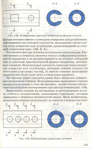 А-А Б-Б
-4А Б
Рис. 149. Изображение круглого отверстия на фигуре сечения
фигуре сечения вместе с контуром отверстия или углубления,
образованного на секущей плоскости, показывают также кон­
тур этого отверстия или углубления, расположенный за секу­
щей плоскостью (рис. 149, Б -Б ).
Расчленять фигуру сечения на отдельные части нельзя. Рас­
смотренная условность касается только изображения поверх­
ностей вращения и не распространяется на сечения отверстий
или углублений призматической формы (например, шпоноч­
ных канавок). Если секущая плоскость проходит через некруг­
лое отверстие или углубление, которым сечение делится на
несколько отдельных частей, то вместо сечения выполняют
разрез (о нем будет идти речь в следующем разделе).
На чертеже одного предмета может быть несколько одинако­
вых вынесенных сечений. Если одинаковые вынесенные сечения
принадлежат одному и тому же предмету, линии сечения обозна­
чают одной буквой и вычерчивают одну фигуру сечения (рис. 150).
Вынесенное сечение по построению и расположению долж­
но отвечать направлению, указанному стрелками, которые
проведены к штрихам разомкнутой линии. Если необходимо,
вынесенное сечение располагают на чертеже с поворотом отно-
Л . Б А А
" 1 " 1
-1 -4 - I -4А Б А А
Рис. 150. Изображение одинаковых сечений
121
 