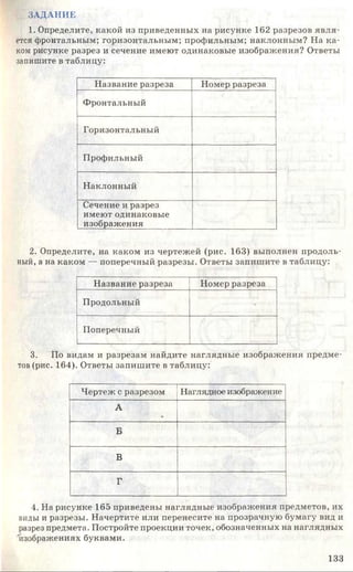 ЗАДАНИЕ
1. Определите, какой из приведенных на рисунке 162 разрезов явля­
ется фронтальным; горизонтальным; профильным; наклонным? На ка­
ком рисунке разрез и сечение имеют одинаковые изображения? Ответы
запишите в таблицу:
Название разреза Номер разреза
Фронтальный
Горизонтальный
Профильный
Наклонный
Сечение и разрез
имеют одинаковые
изображения
2. Определите, на каком из чертежей (рис. 163) выполнен продоль­
ный, а на каком — поперечный разрезы. Ответы запишите в таблицу:
Название разреза Номер разреза
Продольный •
Поперечный
3. По видам и разрезам найдите наглядные изображения предме­
тов (рис. 164). Ответы запишите в таблицу:
Чертеж с разрезом Наглядное изображение
А
9
В
в
г
4. На рисунке 165 приведены наглядные изображения предметов, и
виды и разрезы. Начертите или перенесите на прозрачную бумагу вид и
разрез предмета. Постройте проекции точек, обозначенных на наглядных
"изображениях буквами.
133
 
