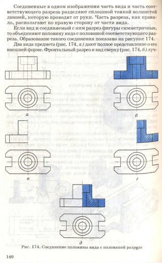 Соединенные в одном изображении часть вида и часть соот­
ветствующего разреза разделяют сплошной тонкой волнистой
линией, которую проводят от руки. Часть разреза, как прави­
ло, располагают по правую сторону от части вида.
Если вид и соединяемый с ним разрез фигуры симметричные,
то объединяют половину вида с половиной соответствующего раз­
реза. Образование такого соединения показано на рисунке 174.
Два вида предмета (рис. 174, а) дают полное представление о его
внешней форме. Фронтальный разрез и вид сверху (рис. 174,б) луч-
д
Рис. 174. Соединение половины вида с половиной разреза
140
 