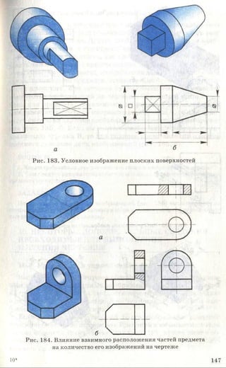 Рис. 183. Условное изображение плоских поверхностей
/— Г
б --------
Рис. 184. Влияние взаимного расположения частей предмета
на количество его изображений на чертеже
10* 147
 