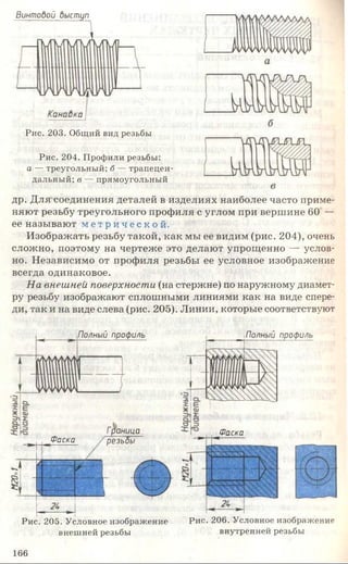 Винтобой быстра
Рис. 203. Общий вид резьбы
Рис. 204. Профили резьбы:
а — треугольный; б — трапецеи­
дальный; в — прямоугольный
др. Для соединения деталей в изделиях наиболее часто приме­
няют резьбу треугольного профиля с углом при вершине 60 —
ее называют м е т р и ч е с к о й .
Изображать резьбу такой, как мы ее видим (рис. 204), очень
сложно, поэтому на чертеже это делают упрощенно — услов­
но. Независимо от профиля резьбы ее условное изображение
всегда одинаковое.
На внешней поверхности (на стержне) по наружному диамет­
ру резьбу изображают сплошными линиями как на виде спере­
ди, так и на виде слева (рис. 205). Линии, которые соответствуют
Полный профиль
> І
I
Фаска
Л
Граница
резьбы
Рис. 205. Условное изображение
внешней резьбы
,Полный профиль
Рис. 206. Условное изображение
внутренней резьбы
Фаска
166
 