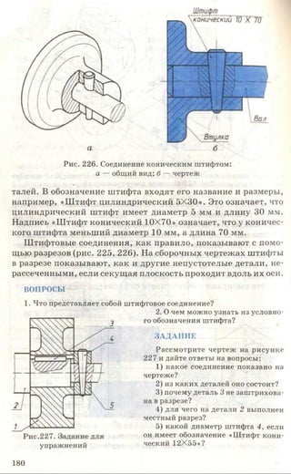 Рис. 226. Соединение коническим штифтом:
а — общий вид; б — чертеж
талей. В обозначение штифта входят его название и размеры,
например, «Штифт цилиндрический 5X30». Это означает, что
цилиндрический штифт имеет диаметр 5 мм и длину 30 мм.
Надпись «Штифт конический 10X70» означает, что у коничес­
кого штифта меньший диаметр 10 мм, а длина 70 мм.
Штифтовые соединения, как правило, показывают с помо­
щью разрезов (рис. 225, 226). На сборочных чертежах штифты
в разрезе показывают, как и другие непустотелые детали, не-
рассеченными, если секущая плоскость проходит вдоль их оси.
ВОПРОСЫ
1. Что представляет собой штифтовое соединение?
2. О чем можно узнать из условно­
го обозначения штифта?
ЗАДАНИЕ
Рассмотрите чертеж на рисунке
227 и дайте ответы на вопросы:
1) какое соединение показано на
чертеже?
2) из каких деталей оно состоит?
3) почему деталь 3 не заштрихова­
на в разрезе?
4) для чего на детали 2 выполнен
местный разрез?
5) какой диаметр штифта 4, если
он имеет обозначение «Штифт кони­
ческий 12X55»?упражнений
180
 