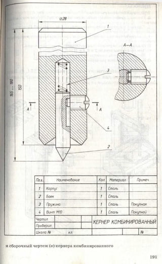 Поз. Наименование Кол. Материал Примеч.
1 Корпус 1 Сталь
2 Боек 1 Сталь
3 Пружина 1 Сталь Покупная
4 Винт МЮ 1 Сталь Покупной
Чертил
КЕРНЕР КОМБИНИРОВАННЫЙ
Проверил
Школа № кл №
и сборочный чертеж (в) кернера комбинированного
1 9 1
 