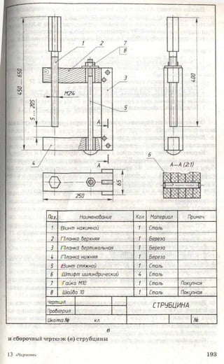 1*50...650
Поз. Наименование Кол. Материал Примеч
1 Винт нажимной 1 Сталь
2 Планка верхняя 1 Береза
3 Планка вертикальная 1 Береза
1* Планка нижняя 1 Береза
5 винт стяжной 1 Сталь
6 Штифт цилиндрический 1* Сталь
7 Гайка М10 1 Сталь Покупная
В Шайба 10 1 Сталь Покупная
Чертил
СТРУБЦИНА
Проверил
Шоґга Ме кл М
в
и сборочный чертеж (в) струбцины
13 «Черчение» 193
 