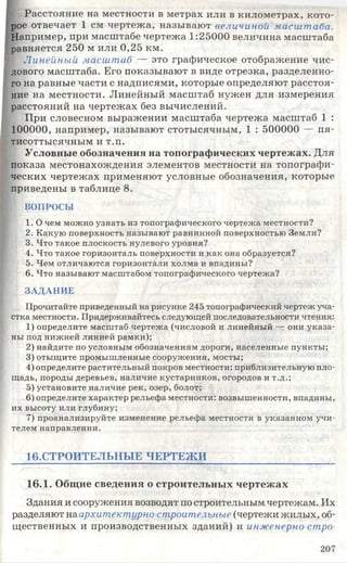 [ Расстояние на местности в метрах или в километрах, кото­
рое отвечает 1 см чертежа, называют величиной масштаба.
Например, при масштабе чертежа 1:25000 величина масштаба
равняется 250 м или 0,25 км.
|Р Линейный масштаб — это графическое отображение чис­
лового масштаба. Его показывают в виде отрезка, разделенно­
го на равные части с надписями, которые определяют расстоя­
ние на местности. Линейный масштаб нужен для измерения
расстояний на чертежах без вычислений.
При словесном выражении масштаба чертежа масштаб 1 :
100000, например, называют стотысячным, 1 : 500000 — пя­
тисоттысячным и т.п.
Условные обозначения на топографических чертежах. Для
показа местонахождения элементов местности на топографи­
ческих чертежах применяют условные обозначения, которые
приведены в таблице 8.
ВОПРОСЫ
1. О чем можно узнать из топографического чертежа местности?
2. Какую поверхность называют равнинной поверхностью Земли?
3. Что такое плоскость нулевого уровня?
4. Что такое горизонталь поверхности и как она образуется?
5. Чем отличаются горизонтали холма и впадины?
6. Что называют масштабом топографического чертежа?
ЗАДАНИЕ
Прочитайте приведенный на рисунке 245 топографический чертеж уча­
стка местности. Придерживайтесь следующей последовательности чтения:
1) определите масштаб чертежа (числовой и линейный — они указа­
ны под нижней линией рамки);
2) найдите по условным обозначениям дороги, населенные пункты;
3) отыщите промышленные сооружения, мосты;
4) определите растительный покров местности: приблизительную пло­
щадь, породы деревьев, наличие кустарников, огородов и т.д.;
5) установите наличие рек, озер, болот;
6) определите характер рельефа местности: возвышенности, впадины,
их высоту или глубину;
7) проанализируйте изменение рельефа местности в указанном учи­
телем направлении.
16.СТРОИТЕЛЬНЫЕ ЧЕРТЕЖ И
16.1. Общие сведения о строительных чертеж ах
Здания и сооружения возводят по строительным чертежам. Их
разделяют на архитектурно строительные (чертежи жилых, об­
щественных и производственных зданий) и инженерно-стро
207
 