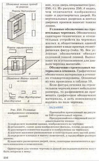 ние, куда дверь открывается (рис.
250, б). Из рисунка 250, б видно,
чем отличаю тся изображ ения
одно- и двустворчатых дверей. На
вертикальных разрезах в местах
дверных проемов наносят тонкие
линии.
Условные обозначения на стро­
ительных чертежах. Обозначения
санитарно-технических и отопи­
тельных устройств на чертежах
ж илых и общественных зданий
выполняют в виде простых геомет­
рических фигур (табл. 9). Все ус­
ловные обозначения обводят
сплошной тонкой линией. Выпол­
няют их в установленном для дан­
ного чертежа масштабе.
Обозначение строительных ма­
териалов в сечениях. Графические
обозначения материалов в сечени­
ях стандартизированы. Основные
из них приведены в таблице 10.
Если фигура сечения на строи­
тельном чертеже имеет небольшие
размеры, то разрешается не при­
менять графическое обозначение
материала, а дать поясняющую
надпись на поле чертежа.
ЗАДАНИЕ
Прочитайте приведенный на рисун­
ке 248 строительный чертеж.
Придерживайтесь следующей после­
довательности чтения:
1) определите название здания, изображенного на чертеже;
2) установите, какие даны изображения (фасады, планы, разрезы);
3) рассмотрите совместно надписи и изображения на чертежах:
4) изучите взаимное расположение и конструкцию всех частей дома:
5) определите площадь и высоту помещений, а также общие размеры
здания;
6) выясните размещения дверей, окон, санитарно-технического и дру­
гого оснащения в помещениях.
Ориентиром для чтения чертежа в данной последовательности могут
быть вопросы к нему:
Обозначение оконных проемов
на разрезах
Разрезы дертика/1ьные
Разрезы горизонтальные
1 Ь I I
Обозначение дверных проемод
на планах
□
Двери ^ вРи двустворчатые
одностворчатые б
Рис. 250. Условные
изображения элементов
зданий
216
 