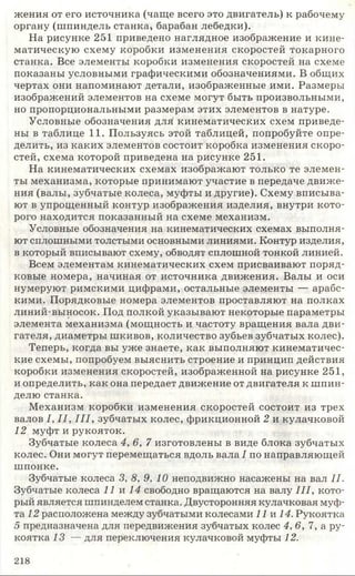 жения от его источника (чаще всего это двигатель) к рабочему
органу (шпиндель станка, барабан лебедки).
На рисунке 251 приведено наглядное изображение и кине­
матическую схему коробки изменения скоростей токарного
станка. Все элементы коробки изменения скоростей на схеме
показаны условными графическими обозначениями. В общих
чертах они напоминают детали, изображенные ими. Размеры
изображений элементов на схеме могут быть произвольными,
но пропорциональными размерам этих элементов в натуре.
Условные обозначения для кинематических схем приведе­
ны в таблице 11. Пользуясь этой таблицей, попробуйте опре­
делить, из каких элементов состоит коробка изменения скоро­
стей, схема которой приведена на рисунке 251.
На кинематических схемах изображают только те элемен­
ты механизма, которые принимают участие в передаче движе­
ния (валы, зубчатые колеса, муфты и другие). Схему вписыва­
ют в упрощенный контур изображения изделия, внутри кото­
рого находится показанный на схеме механизм.
Условные обозначения на кинематических схемах выполня­
ют сплошными толстыми основными линиями. Контур изделия,
в который вписывают схему, обводят сплошной тонкой линией.
Всем элементам кинематических схем присваивают поряд­
ковые номера, начиная от источника движения. Валы и оси
нумеруют римскими цифрами, остальные элементы — арабс­
кими. Порядковые номера элементов проставляют на полках
линий-выносок. Под полкой указывают некоторые параметры
элемента механизма (мощность и частоту вращения вала дви­
гателя, диаметры шкивов, количество зубьев зубчатых колес).
Теперь, когда вы уже знаете, как выполняют кинематичес­
кие схемы, попробуем выяснить строение и принцип действия
коробки изменения скоростей, изображенной на рисунке 251,
и определить, как она передает движение от двигателя к шпин­
делю станка.
Механизм коробки изменения скоростей состоит из трех
валов I, II, III, зубчатых колес, фрикционной 2 и кулачковой
12 муфт и рукояток.
Зубчатые колеса 4, 6, 7 изготовлены в виде блока зубчатых
колес. Они могут перемещаться вдоль вала I по направляющей
шпонке.
Зубчатые колеса 3, 8, 9, 10 неподвижно насажены на вал II.
Зубчатые колеса 11 и 14 свободно вращаются на валу III, кото­
рый является шпинделем станка. Двусторонняя кулачковая муф­
та 12 расположена между зубчатыми колесами 11 к 14. Рукоятка
5 предназначена для передвижения зубчатых колес 4,6, 7, а ру­
коятка 13 — для переключения кулачковой муфты 12.
218
 