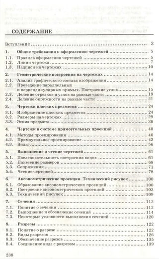 СОДЕРЖАНИЕ
Вступление..................................................................................................... 3
1. Общие требования к оформлению чертеж ей.................................... 5
1.1. Правила оформления чертежей ............................................................. 5
1.2. Линии чертеж а....................................................... 7
1.3. Надписи на чертежах ................................................................................ 10
2. Геометрические построения на чертеж ах..........................................14
2.1. Анализ графического состава изображения.......................................14
2.2. Проведение параллельных
и перпендикулярных прямых. Построение углов............................15
2.3. Деление отрезков и углов на равные части ........................................ 19
2.4. Деление окружности на равные части ................................................ 21
3. Чертежи плоских предметов...................................................................24
3.1. Изображение плоских предметов.......................................................... 24
3.2. Размеры на чертежах ................................................................................ 29
3.3. Эскиз предмета.............................................................................................36
4. Чертежи в системе прямоугольных проекций................................. 40
4.1. Методы проецирования ............................................................................40
4.2. Прямоугольное проецирование.............................................................. 42
4.3. Виды ................................................................................................................56
5. Выполнение и чтение чертежей ............................................................. 61
5.1. Последовательность построения видов ...............................................61
5.2. Нанесение размеров ...................................................................................68
5.3. С опряж ения.................................................................................................. 71
5.4. Чтение чертежей..........................................................................................78
6. Аксонометрические проекции. Технический рисунок................100
6.1. Образование аксонометрических проекций................................... 100
6.2. Построение аксонометрических проекций .................................... 103
6.3. Технический рисунок..............................................................................109
7. С ечения........................................................................................................112
7.1. Понятие о сечении .................................................................................. 112
7.2. Выполнение и обозначение сечений ................................................ 114
7.3. Некоторые условности выполнения сечений ................................ 120
8. Р азр езы ...................................................................................................... 122
8.1. Понятие о разрезе ................................................................................... 122
8.2. Виды разрезов .......................................................................................... 126
8.3. Обозначение разрезов............................................................................ 135
8.4. Соединение вида с разрезом................................................................. 139
2 3 8
 