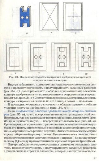Рис. 34. Последовательность построения изображения предмета
с двумя осями симметрии
Внутри габаритного прямоугольника размечают положения цен­
тров и проводят окружность и полуокружность заданных размеров
(рис. 34, д). Далее размечают и обводят призматические элементы
контура изображения — прямоугольные и остроугольные вырезы,
пазы и т.п. (рис. 34, е). Считается целесообразным строить элементы
контура изображения сначала по его длине, а потом — по высоте.
В последнюю очередь размечают и обводят прямолинейные
участки контура изображения (рис. 34, ж).
Если изображение плоского предмета имеет одну ось симмет­
рии (рис. 35, а), то его построение начинают с проведения этой оси.
Вертикальную ось размещают посередине ширины поля листа (рис.
35, б), а горизонтальную — посередине его высоты (см. рис. 34, в).
Ориентиром для правильного размещения оси на поле листа следует
брать его центр, определенный с помощью диагоналей прямоуголь­
ника, ограниченного рамкой чертежа. Относительно оси симметрии
строят габаритный прямоугольник. Его положение на поле листа оп­
ределяютодинаковым расстоянием слева исправа (11),&также сверху
и снизу (1.,) между прямоугольником и рамкой чертежа (рис. 35, в).
Внутри габаритного прямоугольника размечают положения цен­
тров, проводят окружность и полуокружность заданных размеров.
Причем сначала строят те элементы, которые находятся на оси сим-
27
 