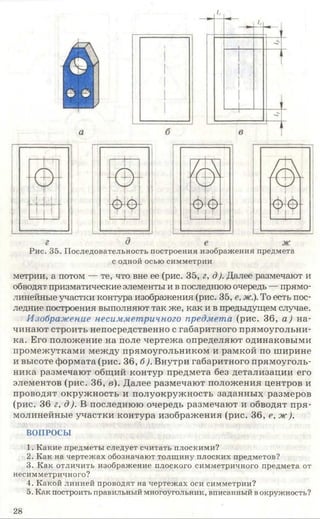 Рис. 35. Последовательность построения изображения предмета
с одной осью симметрии
метрии, а потом — те, что вне ее (рис. 35, г, д). Далее размечают и
обводят призматические элементы и в последнюю очередь — прямо­
линейные участки контура изображения (рис. 35, е, ж.). То есть пос­
ледние построения выполняют так же, как и в предыдущем случае.
Изображение несимметричного предмета (рис. 36, а) на­
чинают строить непосредственно с габаритного прямоугольни­
ка. Его положение на поле чертежа определяют одинаковыми
промежутками между прямоугольником и рамкой по ширине
и высоте формата (рис. 36, б). Внутри габаритного прямоуголь­
ника размечают общий контур предмета без детализации его
элементов (рис. 36, в). Далее размечают положения центров и
проводят окружность и полуокружность заданных размеров
(рис. 36 г, д). В последнюю очередь размечают и обводят пря­
молинейные участки контура изображения (рис. 36, е, ж).
ВОПРОСЫ
1. Какие предметы следует считать плоскими?
2. Как на чертежах обозначают толщину плоских предметов?
3. Как отличить изображение плоского симметричного предмета от
несимметричного?
4. Какой линией проводят на чертежах оси симметрии?
5. Как построить правильный многоугольник, вписанный в окружность?
28
 