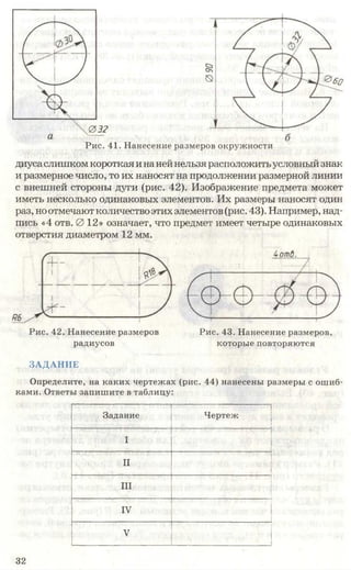 032
Рис. 41. Нанесение размеров окружности
диусаслишком короткая и наней нельзя расположитьусловный знак
и размерное число, то их наносят на продолжении размерной линии
с внешней стороны дуги (рис. 42). Изображение предмета может
иметь несколько одинаковых элементов. Их размеры наносят один
раз, ноотмечаютколичество этих элементов (рис. 43). Например, над­
пись «4 отв. 0 12» означает, что предмет имеет четыре одинаковых
отверстия диаметром 12 мм.
Рис. 42. Нанесение размеров
радиусов
4отв.
Рис. 43. Нанесение размеров,
которые повторяются
ЗАДАНИЕ
Определите, на каких чертежах (рис. 44) нанесены размеры с ошиб­
ками. Ответы запишите в таблицу:
Задание Чертеж
I
II
III
IV
V
32
 