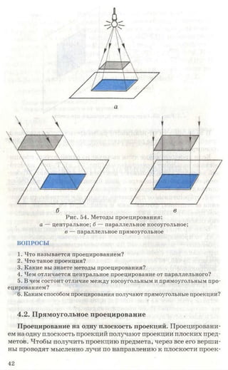 а
б в
Рис. 54. Методы проецирования:
а — центральное; б — параллельное косоугольное;
в — параллельное прямоугольное
ВОПРОСЫ
1. Что называется проецированием?
2. Что такое проекция?
3. Какие вы знаете методы проецирования?
4. Чем отличается центральное проецирование от параллельного?
5. В чем состоит отличие между косоугольным и прямоугольным про­
ецированием?
6. Каким способом проецирования получают прямоугольные проекции?
4.2. Прямоугольное проецирование
Проецирование на одну плоскость проекций. Проецировани­
ем на одну плоскость проекций получают проекции плоских пред­
метов. Чтобы получить проекцию предмета, через все его верши­
ны проводят мысленно лучи по направлению к плоскости проек­
42
 