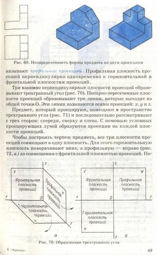 Рис. 69. Неопределенность формы предмета по двум проекциям
называют профильной проекцией. Профильная плоскость про­
екций перпендикулярна одновременно к горизонтальной и
фронтальной плоскостям проекций.
Три взаимно перпендикулярные плоскости проекций образо­
вывают трехгранный угол (рис. 70). Попарно пересеченные плос­
кости проекций образовывают три линии, которые выходят из
общей точки О. Эти линии называются осями проекций: х, у и г.
Предмет, который проецируют, помещают в пространство
трехгранного угла (рис. 71) и последовательно рассматривают
с трех сторон: спереди, сверху и слева. С помощью условных
проецирующих лучей образуются проекции на каждой плос­
кости проекций.
Чтобы построить чертеж предмета, все три плоскости про­
екций совмещают в одну плоскость. Для этого горизонтальную
плоскость поворачивают вниз, а профильную — вправо (рис.
72, а) до совмещения с фронтальной плоскостью проекций. По-
г
V У
X
Фронтальная
плоскость
проекций
0
Профильная
плоскость
проекций
У
Горизонтальная
плоскость
проекций
Н
У б
Рис. 70. Образование трехгранного угла
4 «Черчение» 49
 