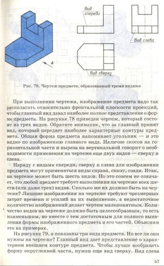 Рис. 78. Чертеж предмета, образованный тремя видами
При выполнении чертежа, изображение предмета надо так
располагать относительно фронтальной плоскости проекций,
чтобы главный вид давал наиболее полное представление о фор­
ме предмета. На рисунке 78 приведен чертеж, который состо­
ит из трех видов. Обратите внимание, что за главный принят
вид, который передает наиболее характерные контуры пред­
мета. Общая форма предмета напоминает угольник — и это
видно по изображению главного вида. Наличие скосов на го­
ризонтальной части и выреза на вертикальной говорит о необ­
ходимости применения на чертеже еще двух видов — сверху и
слева.
Наряду с видами спереди, сверху и слева для изображения
предмета могут применяться виды справа, снизу, сзади. Итак,
на чертеже может быть шесть видов. Но это совсем не означа­
ет, что любой предмет требует выполнения на чертеже всех ше­
сти (или даже трех) видов. Сколько же их должно быть на чер­
теже? Лишние изображения на чертеже требуют чрезмерных
затрат времени и усилий на их выполнение, а недостаточное
количество изображений делает чертеж малопонятным. Коли­
чество видов на чертеже должно быть целесообразным, то есть
наименьшим, но вместе с тем достаточным для полного выяв­
ления формы изображенного предмета и его частей. Объясним
это на примерах.
На рисунке 79, а показаны три вида предмета. Но все ли они
нужны на чертеже? Главный вид дает представление о харак­
терном внешнем контуре предмета. Чтобы лучше вообразить
форму округленной части, нужен еще вид сверху. Вид слева
57
 