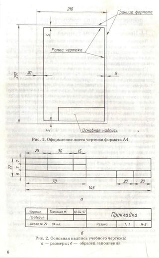 N
с
к
-1
со
Р5 30 15
70
Н5
20 | • 20
и __________________
Ь*------
-------------------------------------------------------------------------------
а . * ’
Чертил ТкаченкоМ. 1Q.QU.97
П рокладкаПроберил
ШколаН>29 9Акл. Резина 1: 1 №Э
б
б
Рис. 2. Основная надпись учебного чертежа:
а — размеры; б — образец заполнения
 