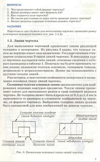 ВОПРОСЫ
1. Что представляет собой формат чертежа?
2. Какие размеры имеет лист формата А4?
3. Как создается поле чертежа?
4. На каком расстоянии от края листа проводят рамку чертежа?
5. Какие сведения содержит основная надпись чертежа?
ЗАДАНИЕ
Подготовьте лист бумаги для выполнения чертежа: проведите рамку
и начертите основную надпись (см. рис. 1 и 2).
1.2. Линии чертежа
Для выполнения чертежей применяют линии различной
толщины и начертания. Из рисунка 3 видно, что каждая ли­
ния на чертеже имеет свое назначение. Государственным стан­
дартом установлено 9 типов линий чертежа. В школьном кур­
се черчения изучаются пять линий, основные сведения о кото­
рых приведены в таблице 1. Поначалу вы будете применять та­
кие линии: сплошную толстую основную, сплошную тонкую,
штриховую и штрихпунктирную. Позже вы познакомитесь с
другими типами линий.
Рассмотрим, в чем состоят особенности начертания и назна­
чения основных типов линий чертежа.
Сплошная толстая основная линия предназначена для изоб­
ражения видимых контуров предметов. Такую линию приме­
няют также для выполнения рамки и граф основной надписи
чертежа. Ее толщина может быть в пределах от 0,5 до 1,4 мм (в
зависимости от размеров и сложности изображений на черте­
же, от формата чертежа). Выбранная толщина линии должна
быть одинаковой для всех изображений на данном чертеже.
Сплошная толстая основная
(размерная линия) (выносная линия)
Рис. 3. Назначение основных типов линий чертежа
7
 