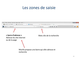 Les zones de saisie
14
« barre d’adresse »
Adresse du site internet
ou de la page
Mots clés de la recherche
Mozilla propose une barre qui allie adresse et
recherche
 