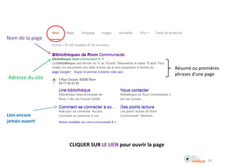 CLIQUER SUR LE LIEN pour ouvrir la page
Adresse du site
Nom de la page
Résumé ou premières
phrases d’une page
Lien encore
jamais ouvert
24
 