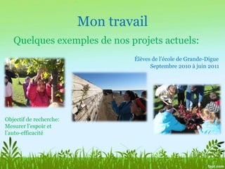 Mon travailQuelques exemples de nos projets actuels:Élèves de l’école de Grande-DigueSeptembre 2010 à juin 2011Objectif de recherche:Mesurer l’espoir et l’auto-efficacité