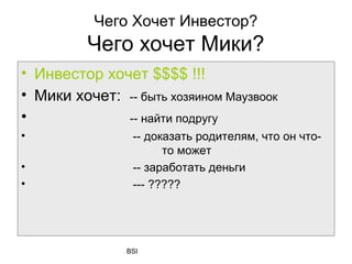 Чего Хочет Инвестор?
          Чего хочет Мики?
• Инвестор хочет $$$$ !!!
• Мики хочет: -- быть хозяином Маузвоок
•             -- найти подругу
•                -- доказать родителям, что он что-
                       то может
•                -- заработать деньги
•                --- ?????




                BSI
 