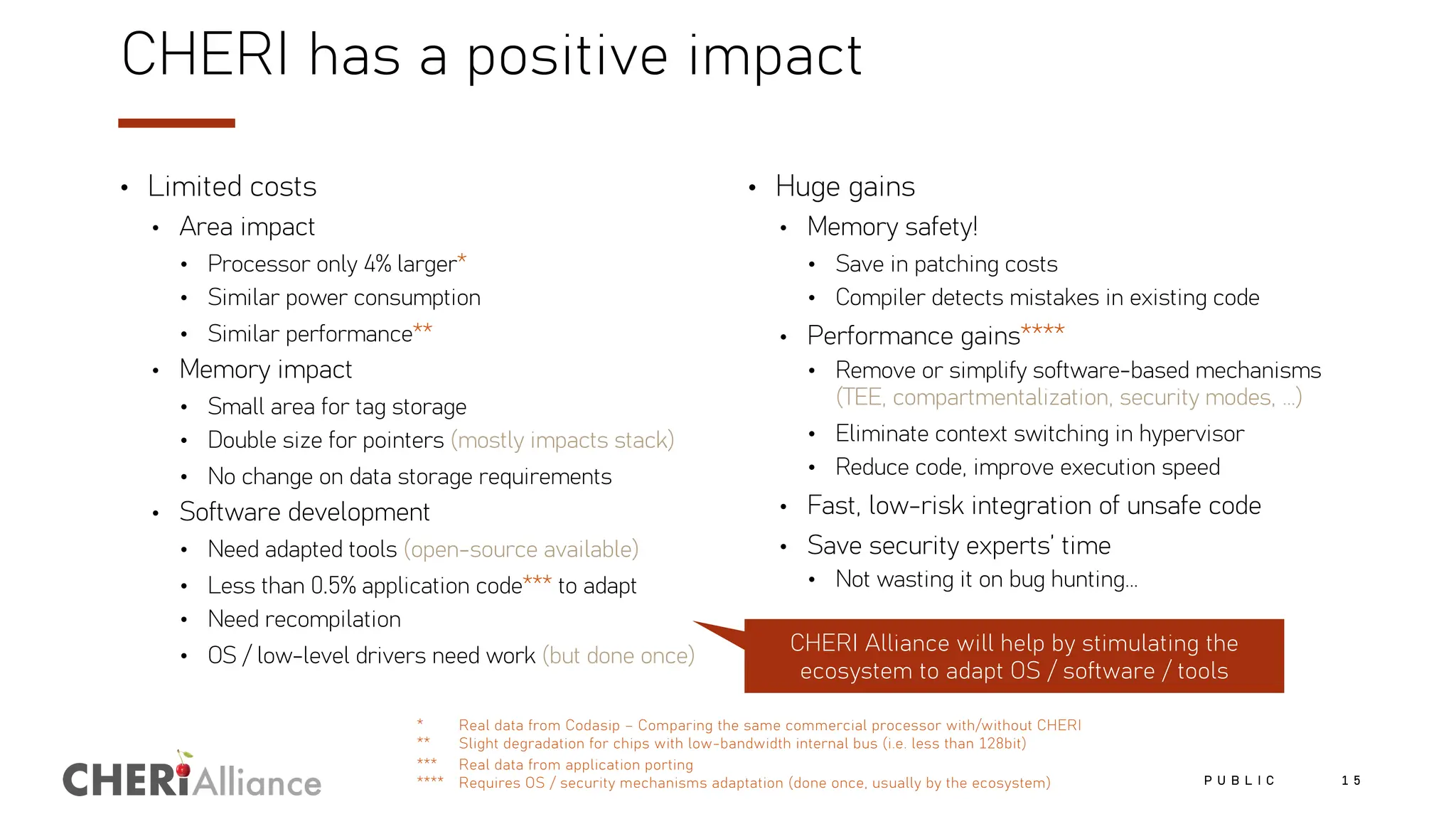 Alliance
CHERI has a positive impact
• Limited costs
• Area impact
• Processor only 4% larger*
• Similar power consumption
• Similar performance**
• Memory impact
• Small area for tag storage
• Double size for pointers (mostly impacts stack)
• No change on data storage requirements
• Software development
• Need adapted tools (open-source available)
• Less than 0.5% application code*** to adapt
• Need recompilation
• OS / low-level drivers need work (but done once)
• Huge gains
• Memory safety!
• Save in patching costs
• Compiler detects mistakes in existing code
• Performance gains****
• Remove or simplify software-based mechanisms
(TEE, compartmentalization, security modes, …)
• Eliminate context switching in hypervisor
• Reduce code, improve execution speed
• Fast, low-risk integration of unsafe code
• Save security experts’ time
• Not wasting it on bug hunting…
P U B L I C 1 5
* Real data from Codasip – Comparing the same commercial processor with/without CHERI
** Slight degradation for chips with low-bandwidth internal bus (i.e. less than 128bit)
*** Real data from application porting
**** Requires OS / security mechanisms adaptation (done once, usually by the ecosystem)
CHERI Alliance will help by stimulating the
ecosystem to adapt OS / software / tools
 