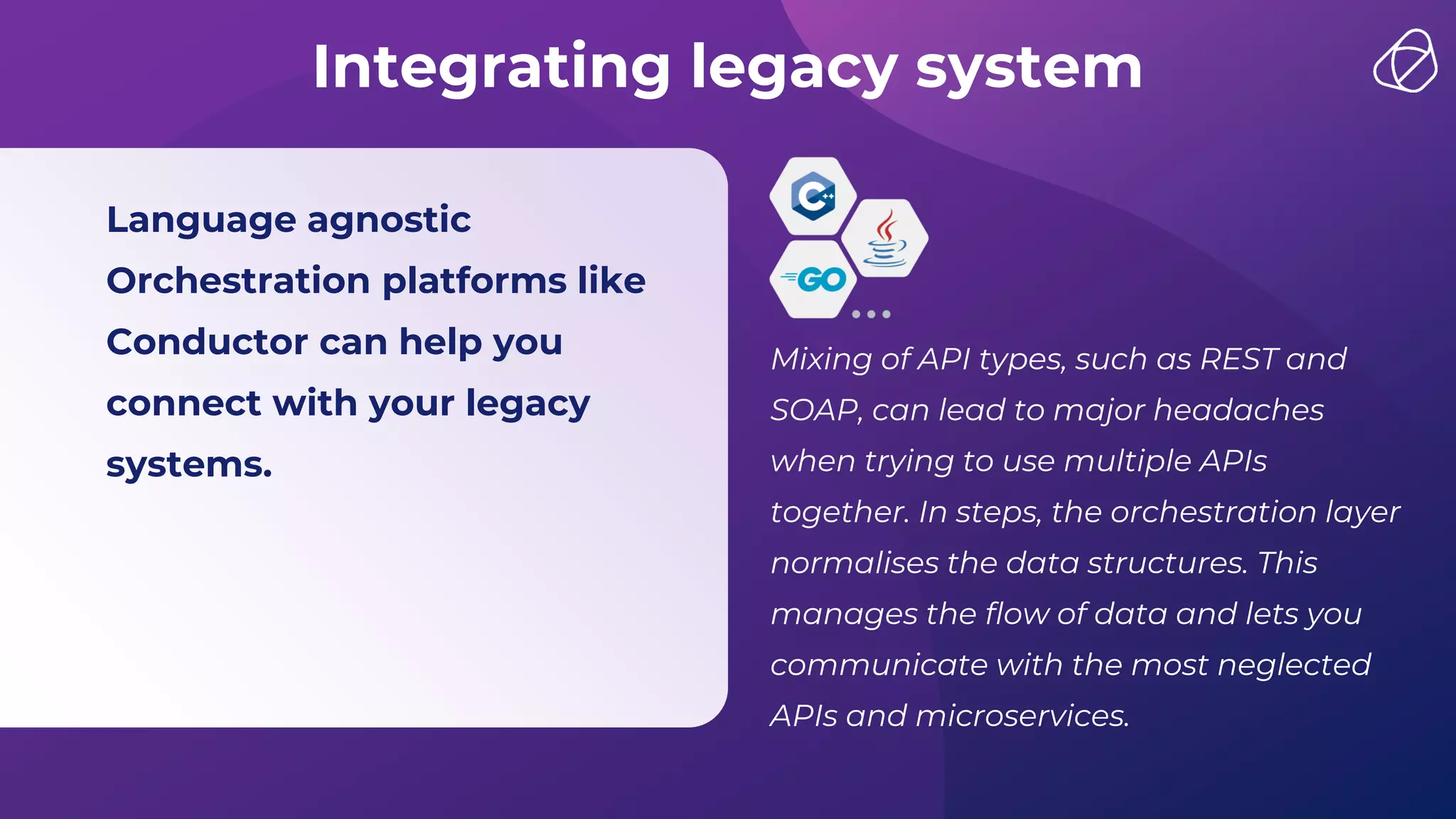Integrating legacy system
Language agnostic
Orchestration platforms like
Conductor can help you
connect with your legacy
systems.
Mixing of API types, such as REST and
SOAP, can lead to major headaches
when trying to use multiple APIs
together. In steps, the orchestration layer
normalises the data structures. This
manages the flow of data and lets you
communicate with the most neglected
APIs and microservices.
 
