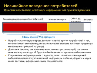 Рекомендации знакомых / потребителей     Мнение эксперта     СМИ и др.    Реклама
                                                             источники




                 Сферы влияния Web-сообществ
    Потребитель в первую очередь доверяет мнению других потребителей и тех,
     кого он считает экспертом (даже если в качестве эксперта выступает продавец в
     магазине или прохожий на улице)
    Доверие к рекламе, как источнику качественных рекомендаций, постоянно
     снижается – у наших детей будет стойкий иммунитет против «зомби-рекламы»
    Современная информационная среда предлагает пользователю широкий
     выбор механизмов получения нужной информации в объеме, формате и через
     канал доставки, выбираемые самим пользователем
 