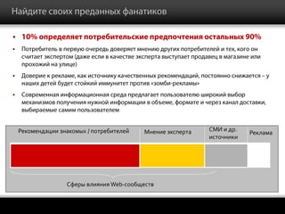 













    Рекомендации знакомых / потребителей   Мнение эксперта   СМИ и др.
                                                                         Реклама
                                                             источники




                   Сферы влияния Web-сообществ

                                                                                   ®
 