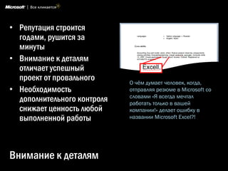 Внимание к деталям
• Репутация строится
годами, рушится за
минуты
• Внимание к деталям
отличает успешный
проект от провального
• Необходимость
дополнительного контроля
снижает ценность любой
выполненной работы
О чѐм думает человек, когда,
отправляя резюме в Microsoft со
словами «Я всегда мечтал
работать только в вашей
компании!» делает ошибку в
названии Microsoft Excel?!
 