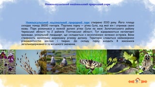 Нижньосульський національний природний парк
Нижньосульський національний природний парк створено 2010 року. Його площа
складає понад 18000 гектарів. Перлина парку — річка Сула, від якої він і отримав свою
назву. Парк розкинувся у нижній долині річки Сули на межі Золотоніського району
Черкаської області та 2 районів Полтавської області. Тут відкриваються неповторні
краєвиди, унікальний ландшафт, що складається з нескінченних зелених островів. Вони
створюють захопливу мереживну річкову долину. Територія славиться неймовірною
різноманітністю рослин і тварин. До складу парку входить 8 заказників
загальнодержавного та місцевого значення.
 