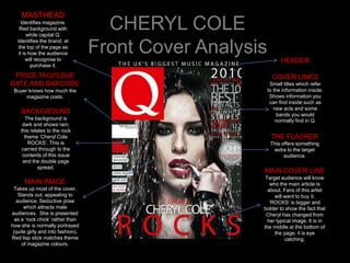 MASTHEAD
    Identifies magazine.
    Red background with
        white capital Q.
                                     CHERYL COLE
   Identifies the brand; at
   the top of the page as
   it is how the audience
        will recognise to
                                   Front Cover Analysis         HEADER
          purchase it.

 PRICE TAG/ISSUE                                            COVER LINES
DATE AND BARCODE                                           Small titles which refer
 Buyer knows how much the                                 to the information inside.
      magazine costs.                                      Shows information you
                                                           can find inside such as
                                                             new acts and some
    BACKGROUND                                                 bands you would
       The background is                                      normally find in Q.
     dark and shows rain;
    this relates to the rock
      theme ‘Cheryl Cole                                   THE FLASHER
        ROCKS’. This is                                    This offers something
     carried through to the                                 extra to the target
     contents of this issue                                      audience.
     and the double page
             spread.
                                                      MAIN COVER LINE
                                                       Target audience will know
      MAIN IMAGE                                         who the main article is
 Takes up most of the cover.                            about. Fans of this artist
    Stands out; appealing to                               will want to buy it.
   audience. Seductive pose                              ‘ROCKS’ is bigger and
      which attracts male                             bolder to show the fact that
audiences. She is presented                            Cheryl has changed from
  as a ‘rock chick’ rather than                         her typical image. It is in
how she is normally portrayed                         the middle at the bottom of
 (quite girly and into fashion).                           the page; it is eye
Red lisp stick matches theme                                    catching.
     of magazine colours.
 