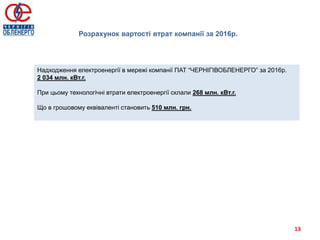 Надходження електроенергії в мережі компанії ПАТ “ЧЕРНІГІВОБЛЕНЕРГО” за 2016р.
2 034 млн. кВт.г.
При цьому технологічні втрати електроенергії склали 268 млн. кВт.г.
Що в грошовому еквіваленті становить 510 млн. грн.
Розрахунок вартості втрат компанії за 2016р.
13
 