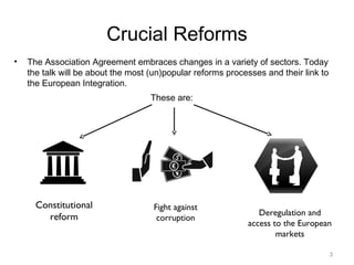 3
Crucial Reforms
• The Association Agreement embraces changes in a variety of sectors. Today
the talk will be about the most (un)popular reforms processes and their link to
the European Integration.
These are:
Constitutional
reform
Fight against
corruption
Deregulation and
access to the European
markets
 