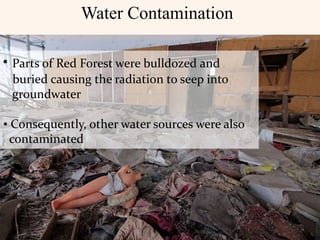 Water Contamination
• Parts of Red Forest were bulldozed and
buried causing the radiation to seep into
groundwater
• Consequently, other water sources were also
contaminated
 