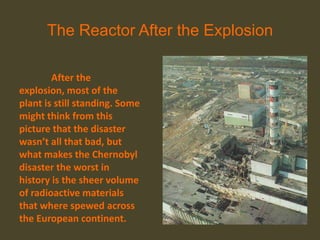 The Reactor After the Explosion

        After the
explosion, most of the
plant is still standing. Some
might think from this
picture that the disaster
wasn’t all that bad, but
what makes the Chernobyl
disaster the worst in
history is the sheer volume
of radioactive materials
that where spewed across
the European continent.
 