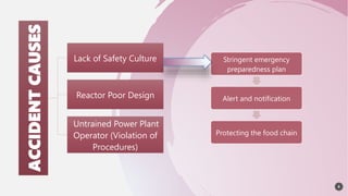 8
ACCIDENT
CAUSES
Lack of Safety Culture
Reactor Poor Design
Untrained Power Plant
Operator (Violation of
Procedures)
Stringent emergency
preparedness plan
Alert and notification
Protecting the food chain
 