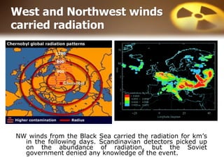 West and Northwest winds
carried radiation
NW winds from the Black Sea carried the radiation for km’s
in the following days. Scandinavian detectors picked up
on the abundance of radiation, but the Soviet
government denied any knowledge of the event.
 