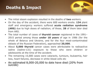 Deaths & Impact
• The initial steam explosion resulted in the deaths of two workers.
• On the day of the accident, there were 600 workers onsite. 134 plant
staff and emergency workers suffered acute radiation syndrome
(ARS) due to high doses of radiation; of those, 28 of them later died
from ARS.
• The total number of cases of thyroid cancer registered in the 1991–
2015 period among those under 18 years of age in 1986 (for the
whole of Belarus and Ukraine, and for the four most-contaminated
oblasts of the Russian Federation), approached 20,000.
• About 5,000 thyroid cancer cases were attributable to radioactive
iodine (iodine-131) exposure to those who were children or
adolescents at the time of the accident.
• The remaining 15,000 cases were cataracts, tumours, leukaemia, hair
loss, heart failures, decrease in white blood cells etc
• An estimated 8,000-20,000 to date have died (20% from
suicide)
 