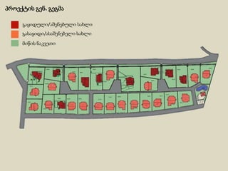 პროექტის გენ. გეგმა
გაყიდული/აშენებული სახლი
გასაყიდი/ასაშენებელი სახლი
მიწის ნაკვეთი
 