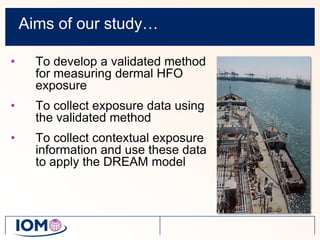Aims of our study…To develop a validated method for measuring dermal HFO exposureTo collect exposure data using the validated methodTo collect contextual exposure information and use these data to apply the DREAM model
