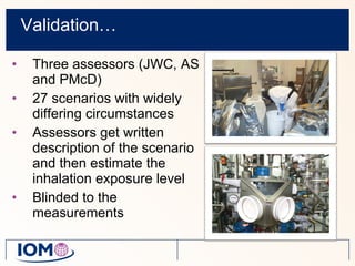 Validation… Three assessors (JWC, AS and PMcD) 27 scenarios with widely differing circumstances Assessors get written description of the scenario and then estimate the inhalation exposure level Blinded to the measurements 