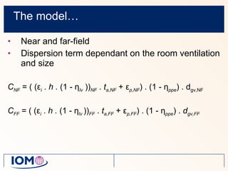 The model… Near and far-field Dispersion term dependant on the room ventilation and size C NF   = ( (ε i   .  h .  (1 - η lv  )) NF  .  t a,NF  + ε p,NF ) .  (1 - η ppe ) . d gv,NF   C FF   = ( (ε i   .  h .  (1 - η lv   )) FF  .  t a,FF  + ε p,FF ) . (1 - η ppe ) .  d gv,FF   
