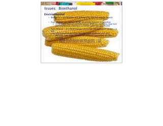 Issues: Bioethanol
Environmental
  • Biofuel is a sustainable and almost CO2-neutral energy source

  • Fuel ethanol can replace MTBE as octane booster in gasoline
       10 US states have successfully banned MTBE (ex. California, New York
        and Connecticut), creating a 1.4 billion gallon per year market
  • Fuel ethanol - as a ﬂuid energy source for the transport sector - is
    the
    only alternative to gasoline (except from biodiesel and gas)
      • Already two type blends of ethanol/gasoline on the
        market
          •   blends of 10% ethanol and 90% gasoline = E10
          •   blends of 85% ethanol and 15% gasoline = E85
 