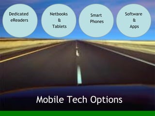 Mobile Tech Options
Dedicated
eReaders
Software
&
Apps
Smart
Phones
Netbooks
&
Tablets
 