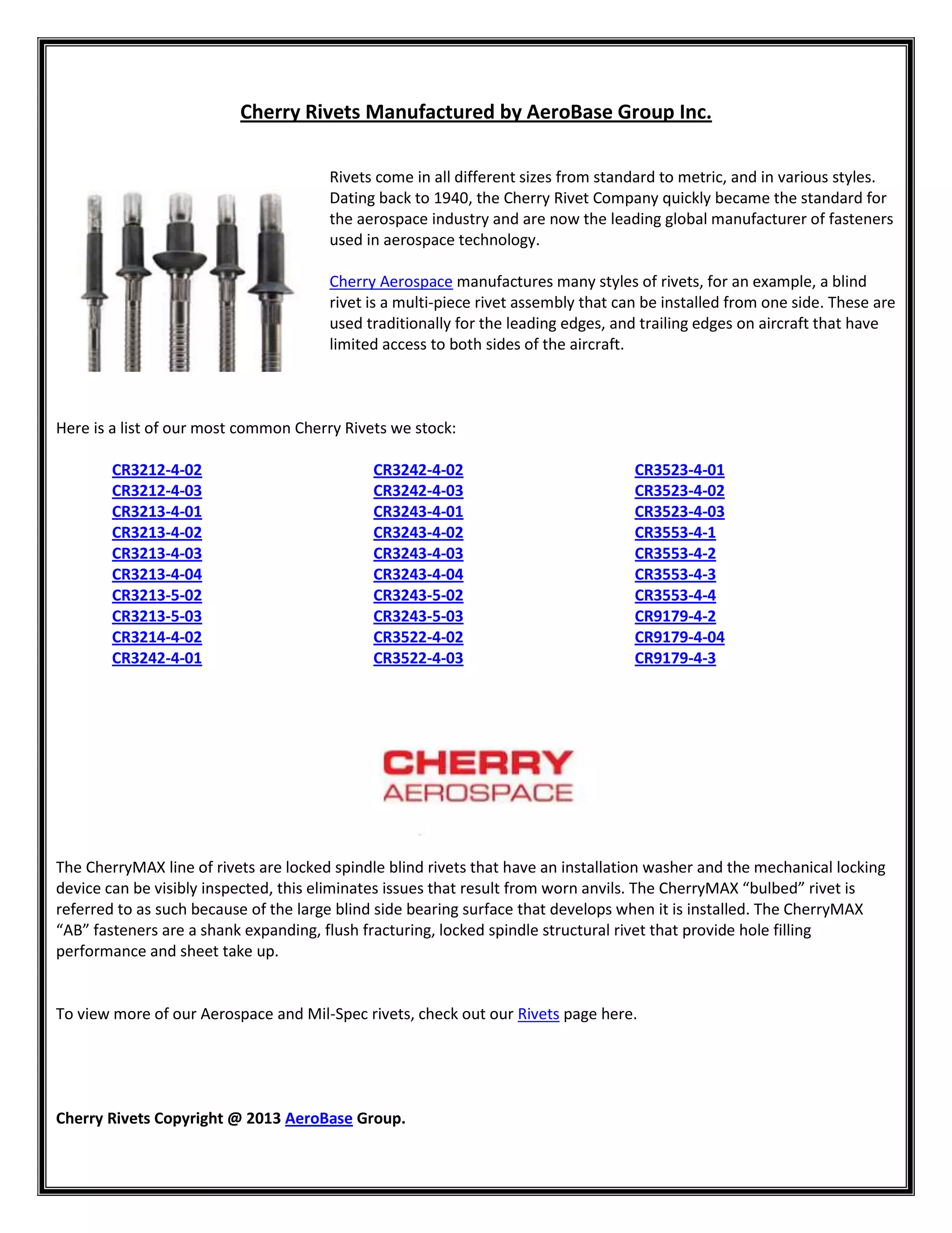 Cherry Rivets Manufactured by AeroBase Group Inc. PDF