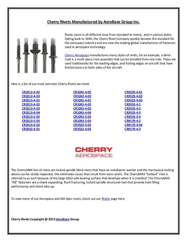 Cherry Rivets Manufactured by AeroBase Group Inc.