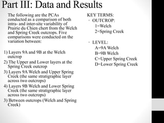 Part III: Data and Results
The following are the PCAs
conducted as a comparison of both
intra- and inter-site variability of
Prairie du Chien chert from the Welch
and Spring Creek outcrops. Five
comparisons were conducted on the
variation between:
1) Layers 9A and 9B at the Welch
outcrop
2) The Upper and Lower layers at the
Spring Creek outcrop
3) Layers 9A Welch and Upper Spring
Creek (the same stratigraphic layer
across two outcrops)
4) Layers 9B Welch and Lower Spring
Creek (the same stratigraphic layer
across two outcrops)
3) Between outcrops (Welch and Spring
Creek)
KEY TERMS:
• OUTCROP:
1=Welch
2=Spring Creek
• LEVEL:
A=9A Welch
B=9B Welch
C=Upper Spring Creek
D=Lower Spring Creek
 